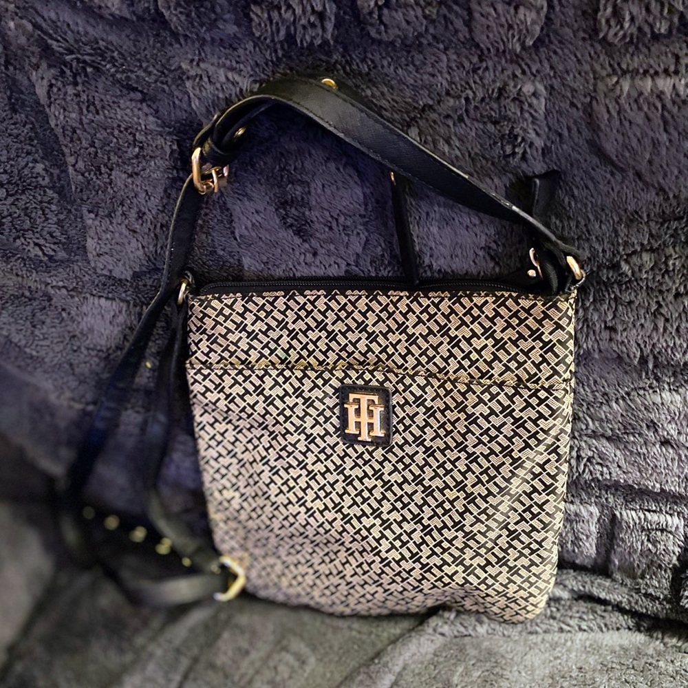 Tommy Hilfiger Beige and Black Woven Crossbody Bag